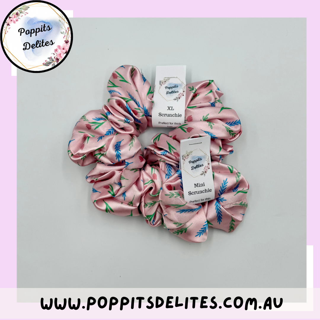 Pink Satin Flower Scrunchie - Poppits Delites