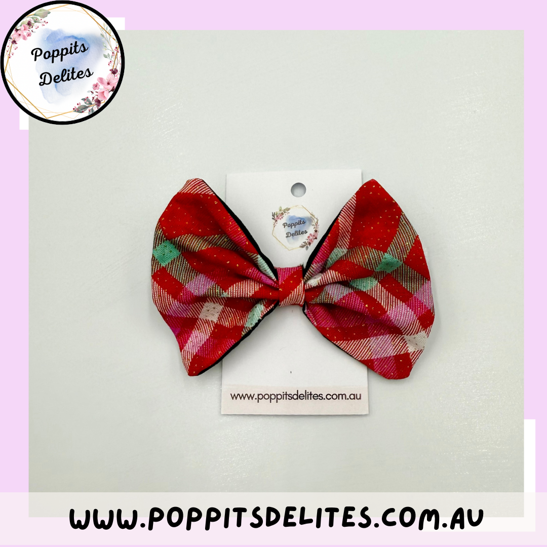 Red Tartan Fabric Hair Bow - Poppits Delites
