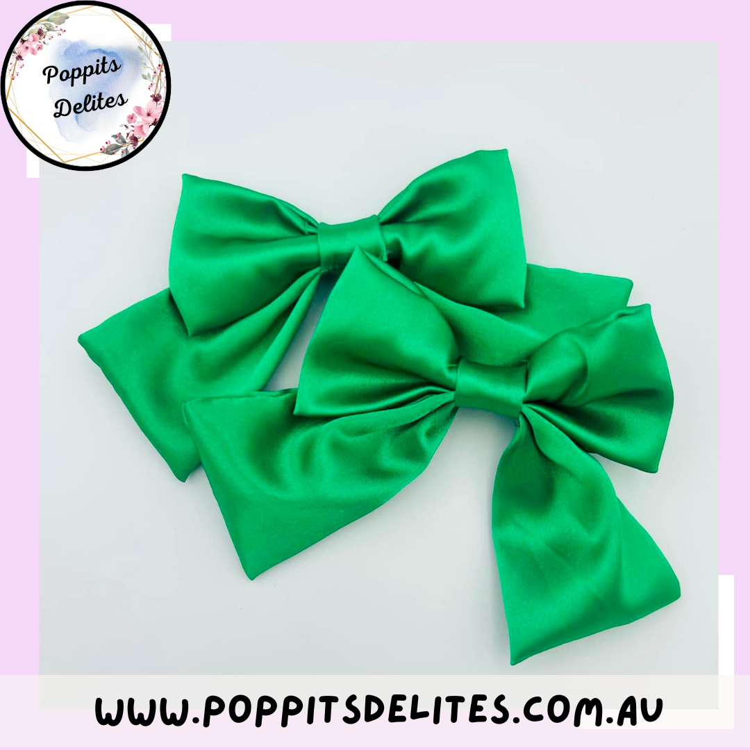 Green Satin Hair Bow - Poppits Delites