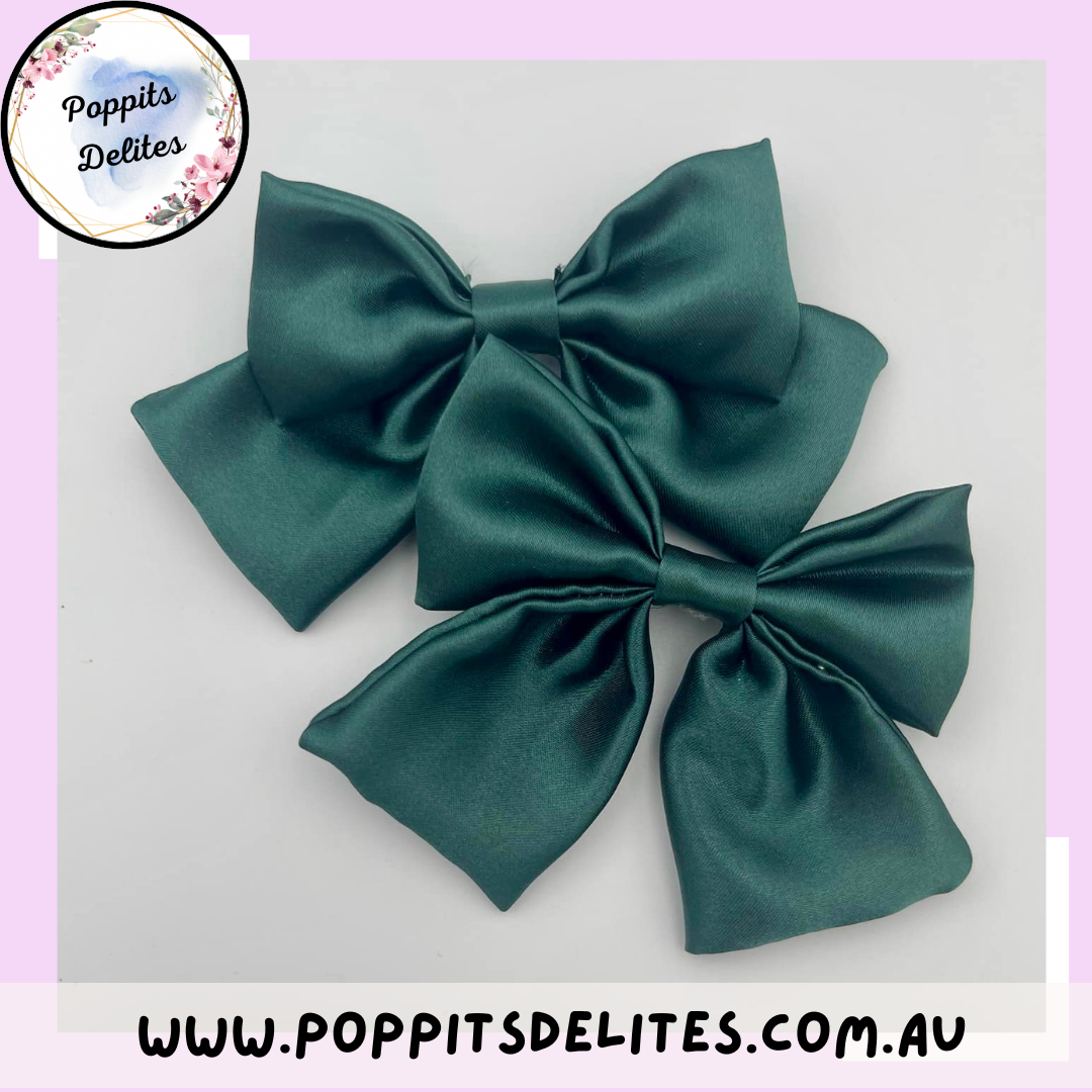 Dark Green Satin Hair Bow - Poppits Delites