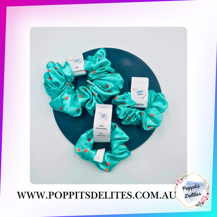 Green Flower Satin Scrunchie - Poppits Delites