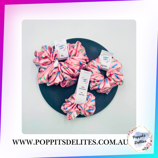 Pink Flower Satin Scrunchie - Poppits Delites