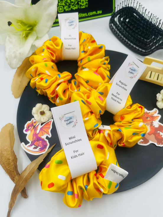 Yellow Dots Satin Scrunchie - Poppits Delites