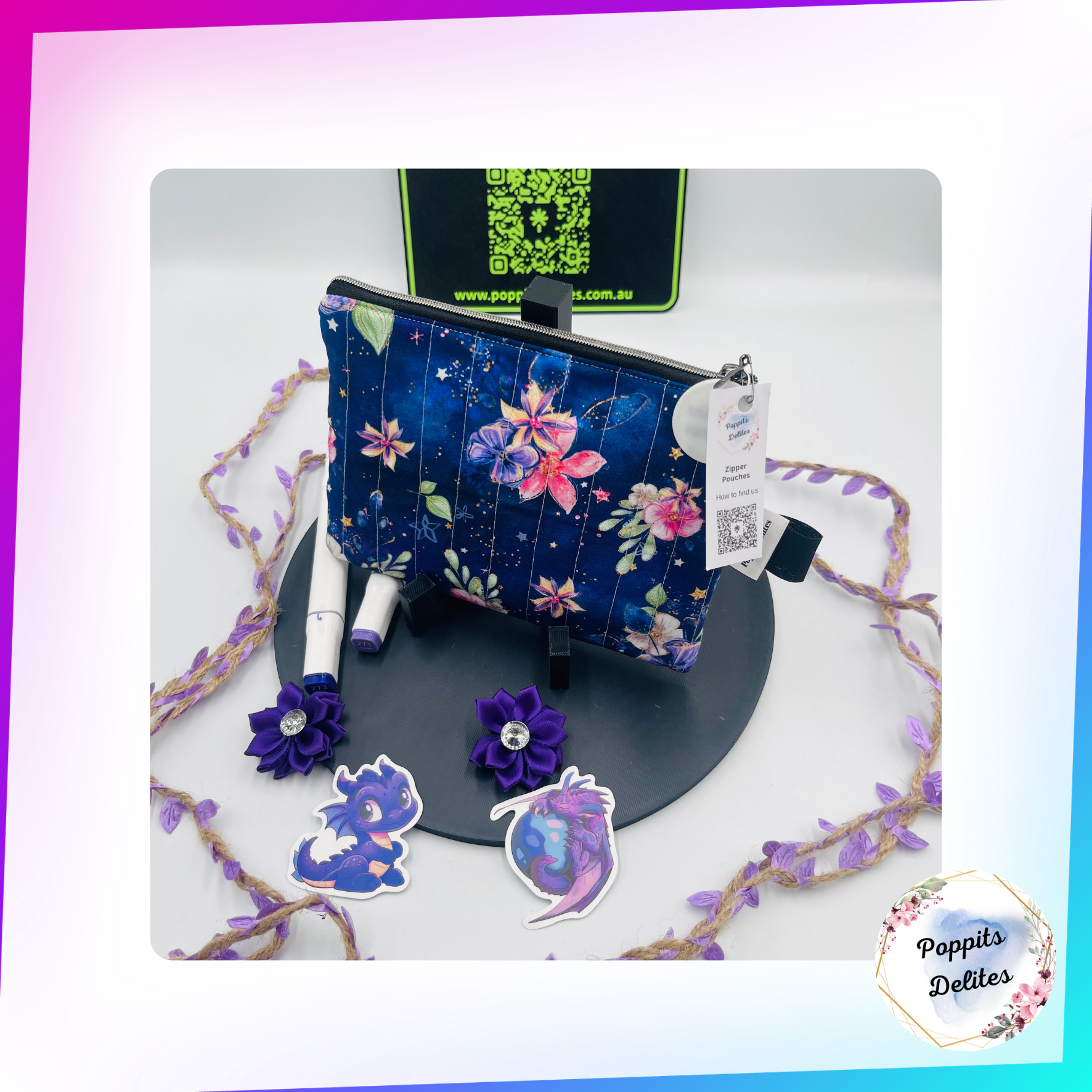 Midnight Flowers Zipper Pouches - Poppits Delites