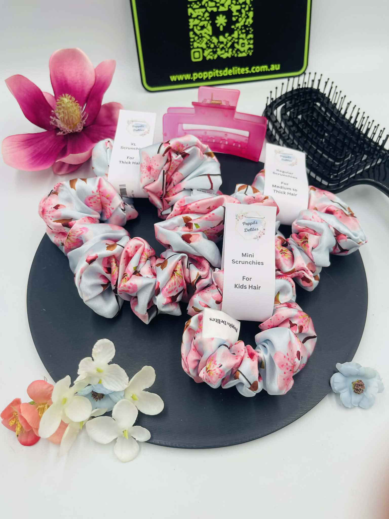 Cherry Blossom Satin Scrunchie - Poppits Delites
