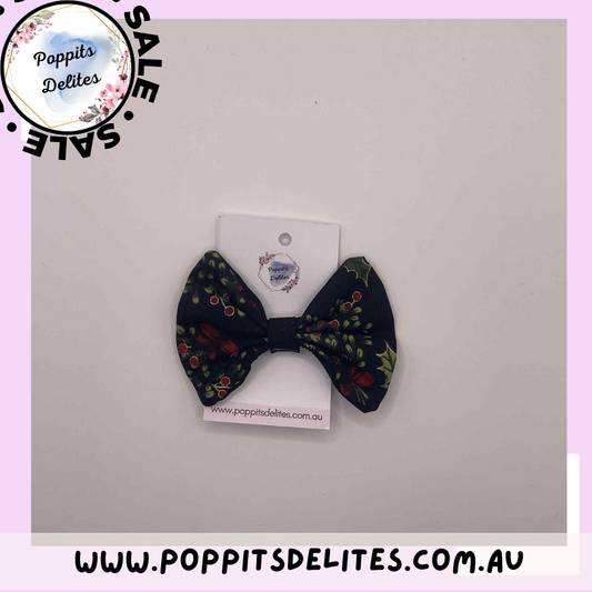 Christmas Holly Fabric Hair Bow - Poppits Delites