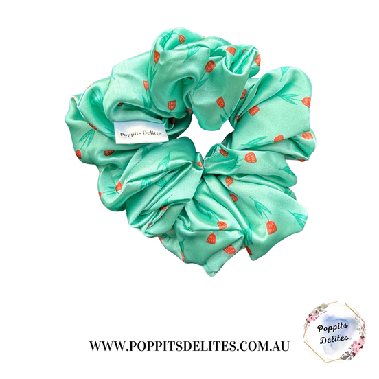 Green Flower Satin Scrunchie
