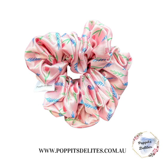 Pink Flower Satin Scrunchie