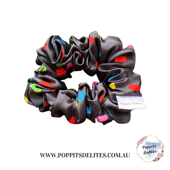 Black Dots Satin Scrunchie