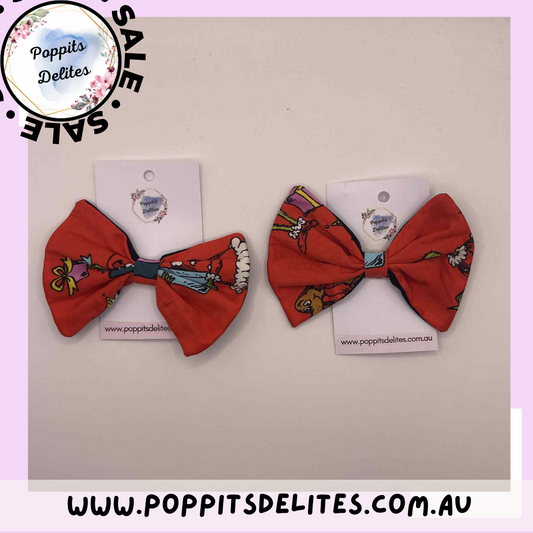 Red Grinch Christmas Fabric Hair Bow - Poppits Delites