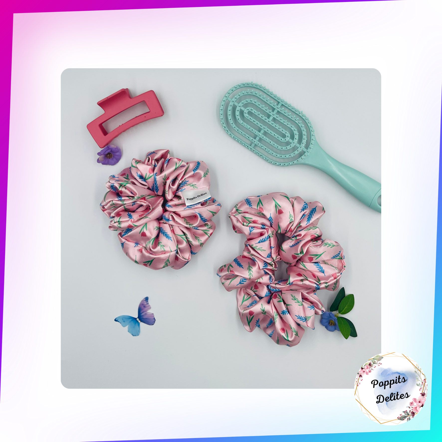 Pink Satin Flower Scrunchie - Poppits Delites