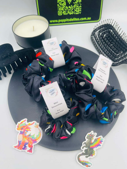 Black Dots Satin Scrunchie - Poppits Delites