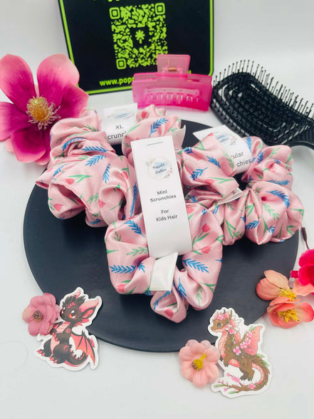 Pink Satin Flower Scrunchie - Poppits Delites