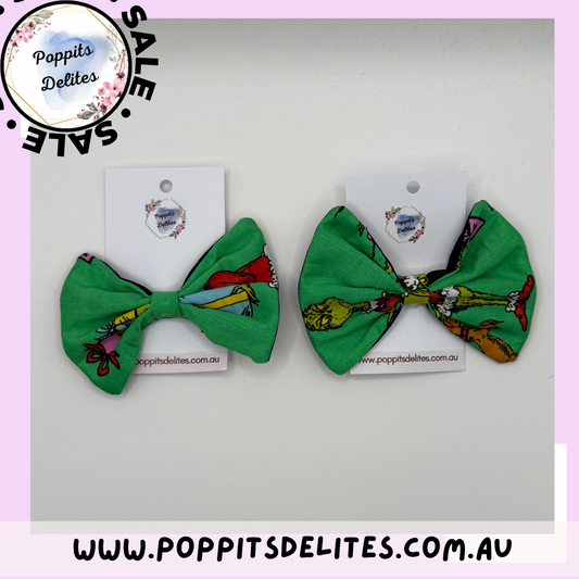 Green Grinch Christmas Fabric Hair Bow - Poppits Delites